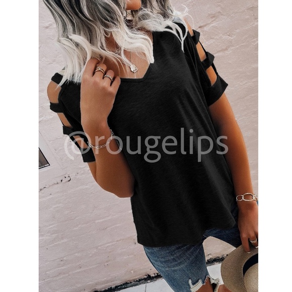 Black Casual Tee Shirt Cold Shoulder, Straps Short Sleeve Regular Fit - Picture 4 of 8